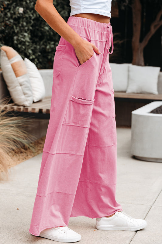 Bonbon Mineral Wash Exposed Seam Drawstring Elastic Waistband Wide Leg Cargo Pants d03cacdc7e8e9d86