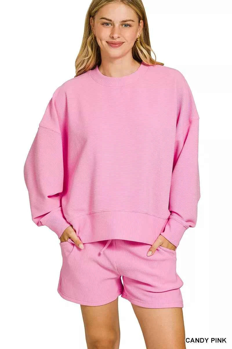 Zenana Ribbed Round Neck Pullover and Shorts Set CANDY PINK d03def3b8c384f859840c83faa546bce-Max-Origin