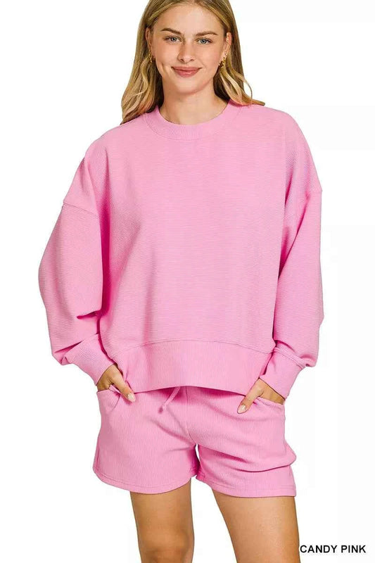 Zenana Ribbed Round Neck Pullover and Shorts Set CANDY PINK d03def3b8c384f859840c83faa546bce-Max-Origin