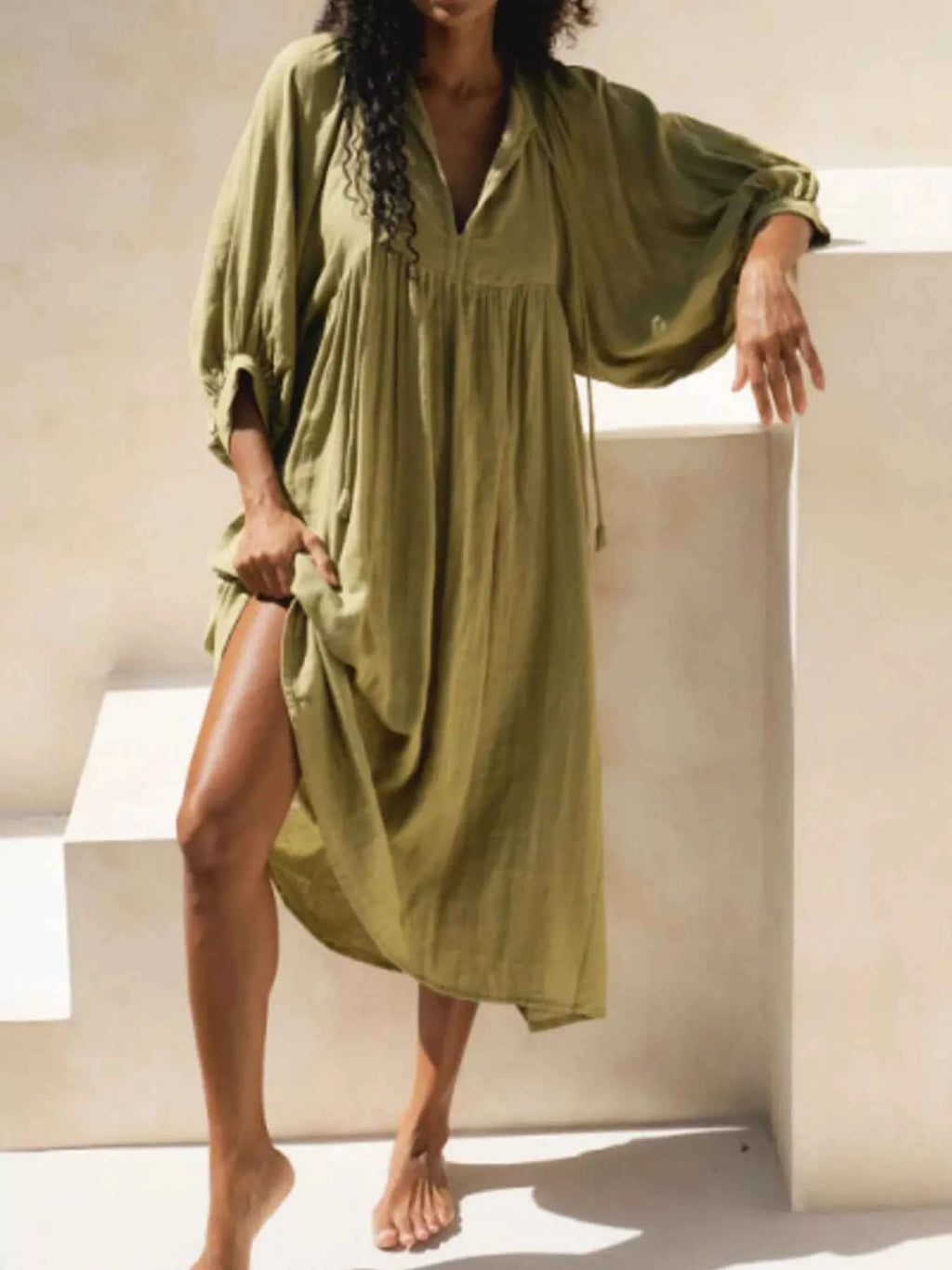Tie Neck 3/4 Sleeve Midi Dress d0436f59-fe95-476a-8ae2-9ac626cccc1b-Max-Origin