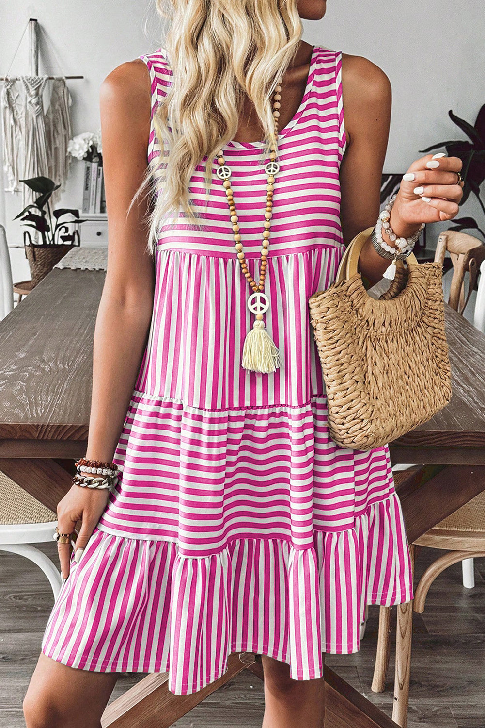 Black Stripe U Neck Sleeveless Loose Fit Mini Dress Rose Stripe d04a27f14758956e
