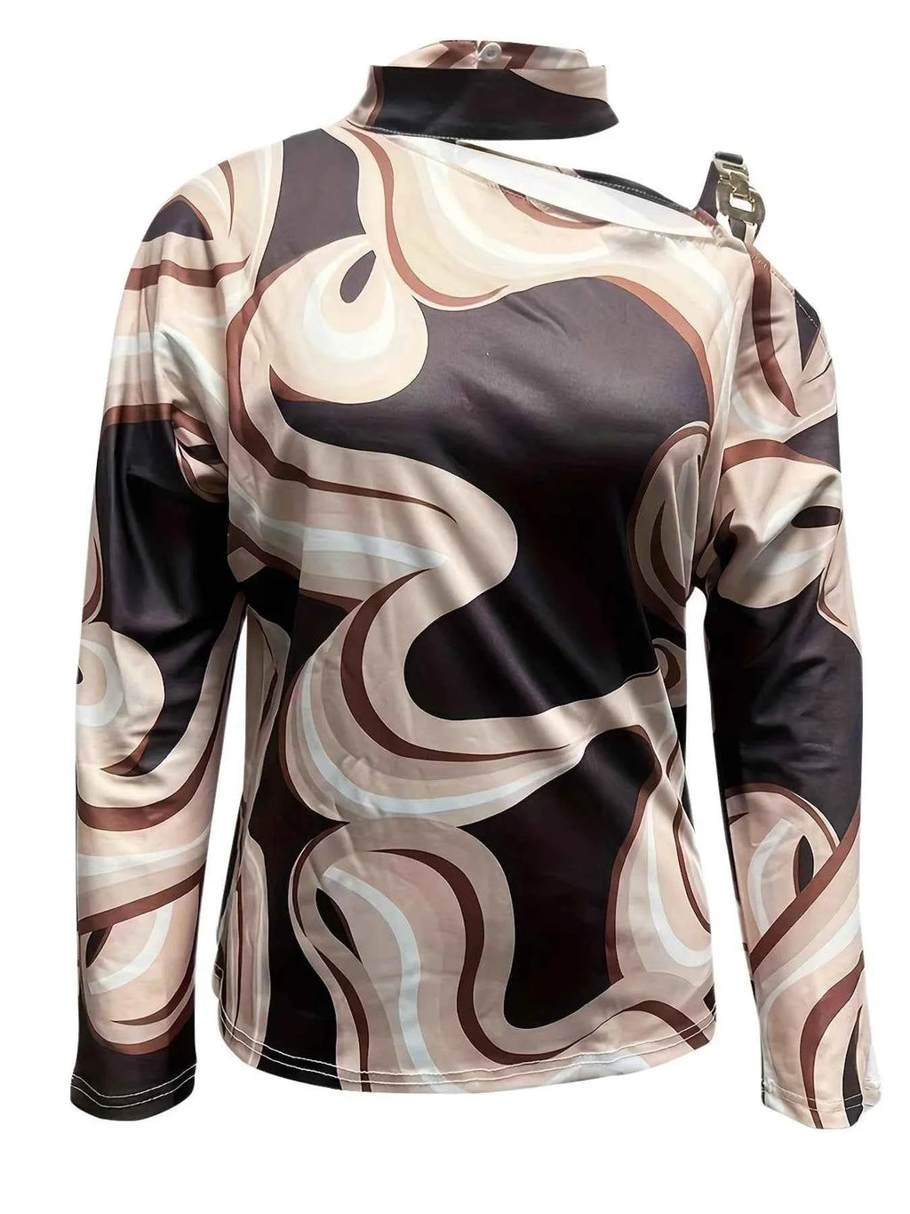 Cutout Abstract Print Mock Neck Blouse Chocolate d05333ec-c78a-420a-b4e5-c9e1a2403b09-Max-Origin