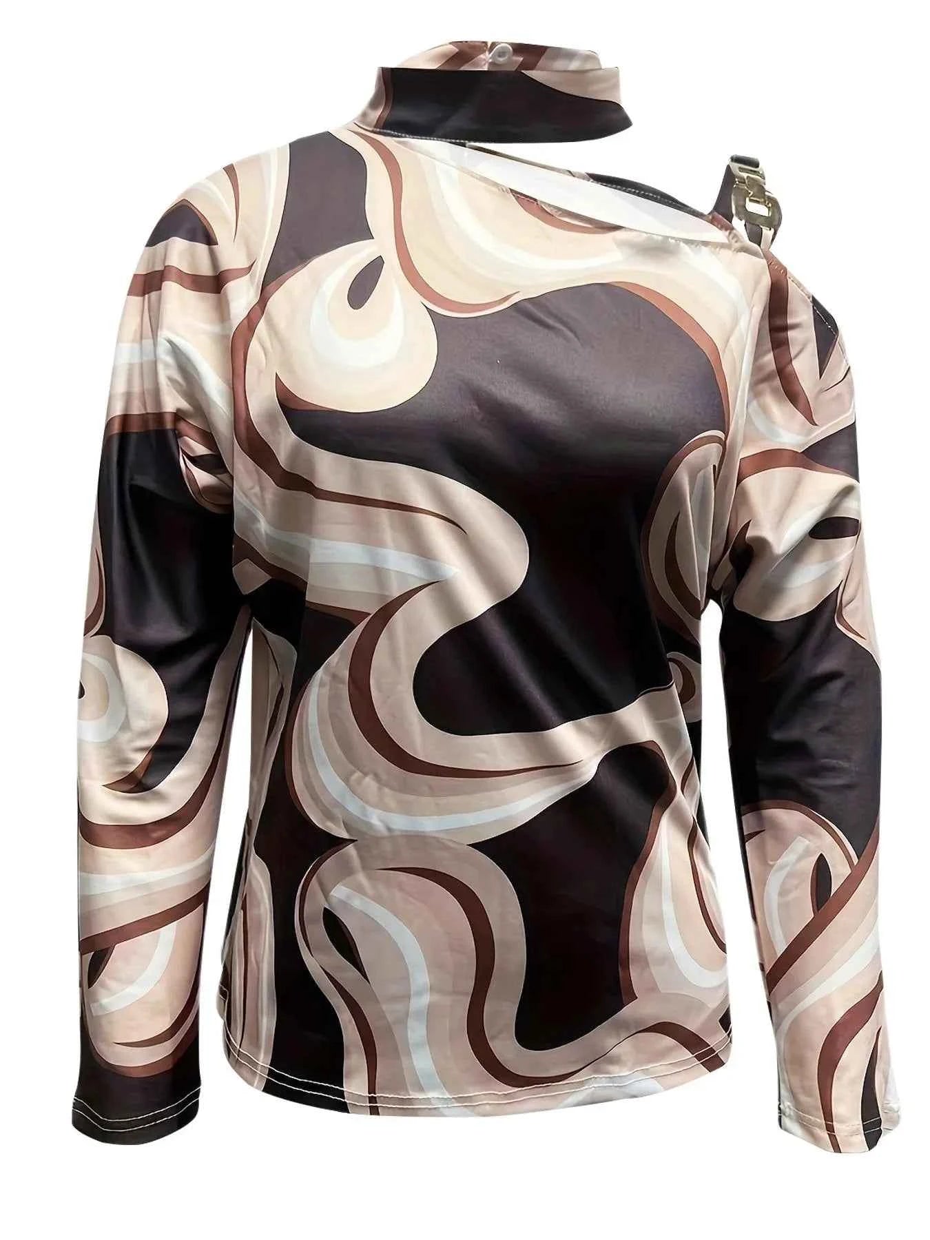 Cutout Abstract Print Mock Neck Blouse Chocolate d05333ec-c78a-420a-b4e5-c9e1a2403b09-Max-Origin