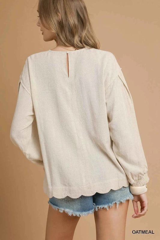 Linen Scallop Hem Long Sleeve Blouse d0551545-5749-4345-8227-a64320c82de2-Max-Origin