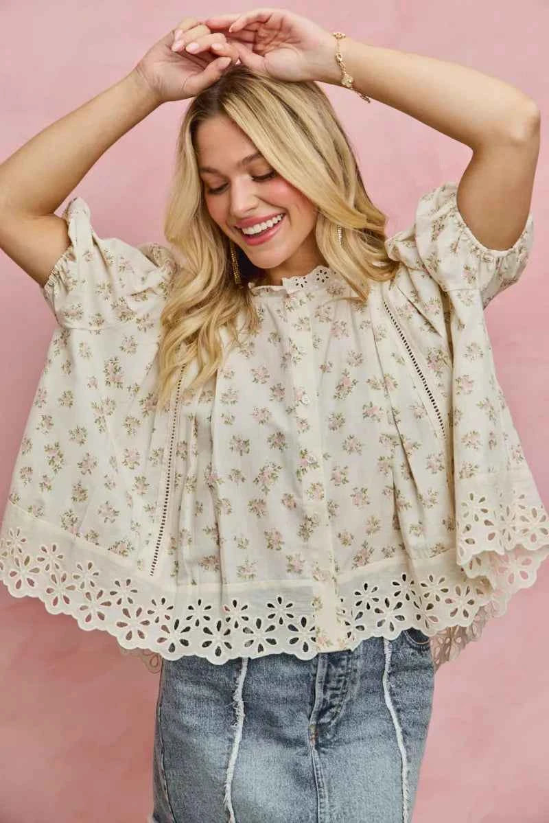 SO ME Floral Print Lace Trim Short Sleeves Blouse d05ab8fb35c445fbb5affaa1ff4d33e2-Max-Origin