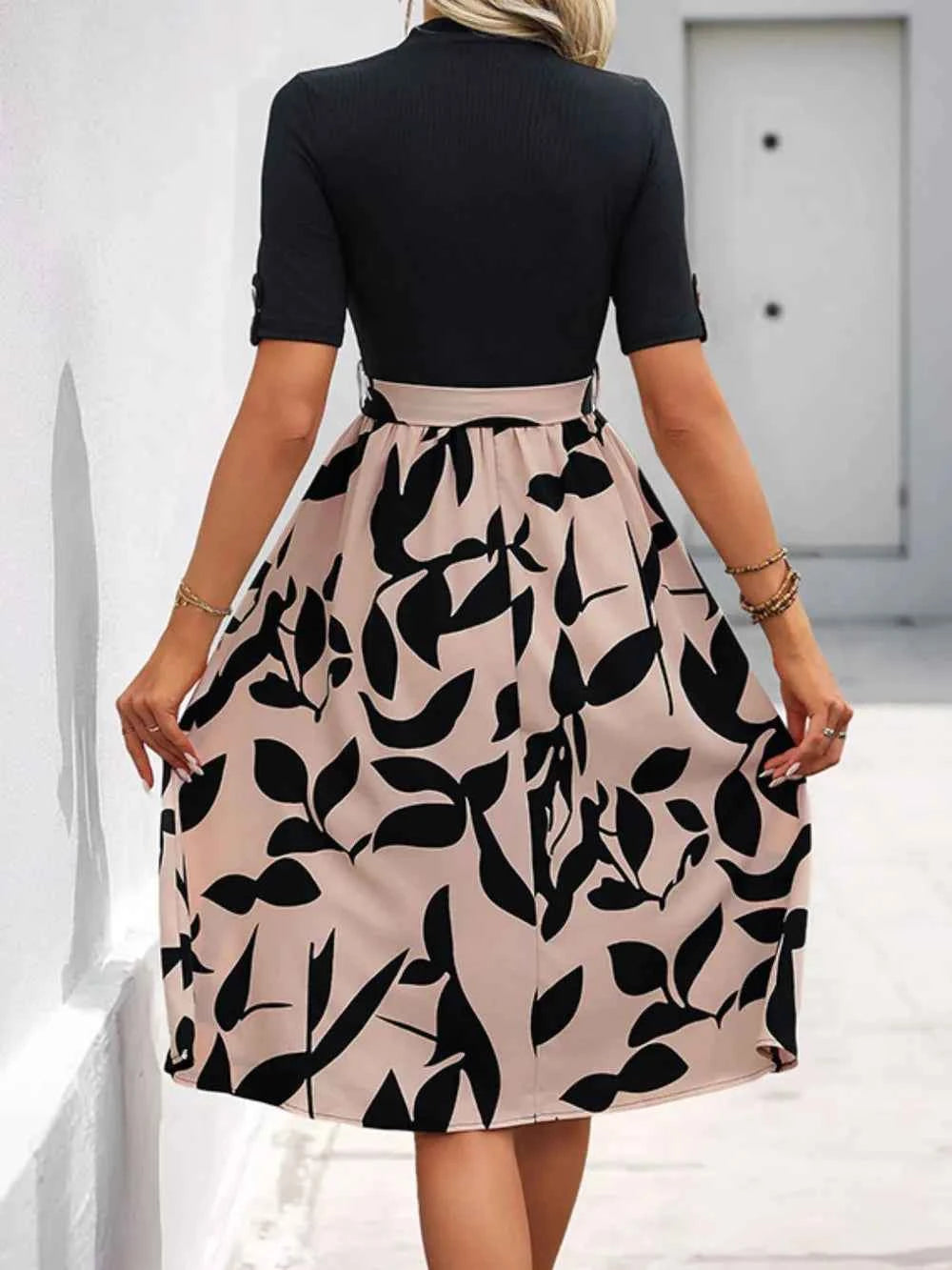 Perfee Tied Printed Mock Neck Short Sleeve Dress d06a0824-0caa-401d-aee0-3bc18e33e303-Max