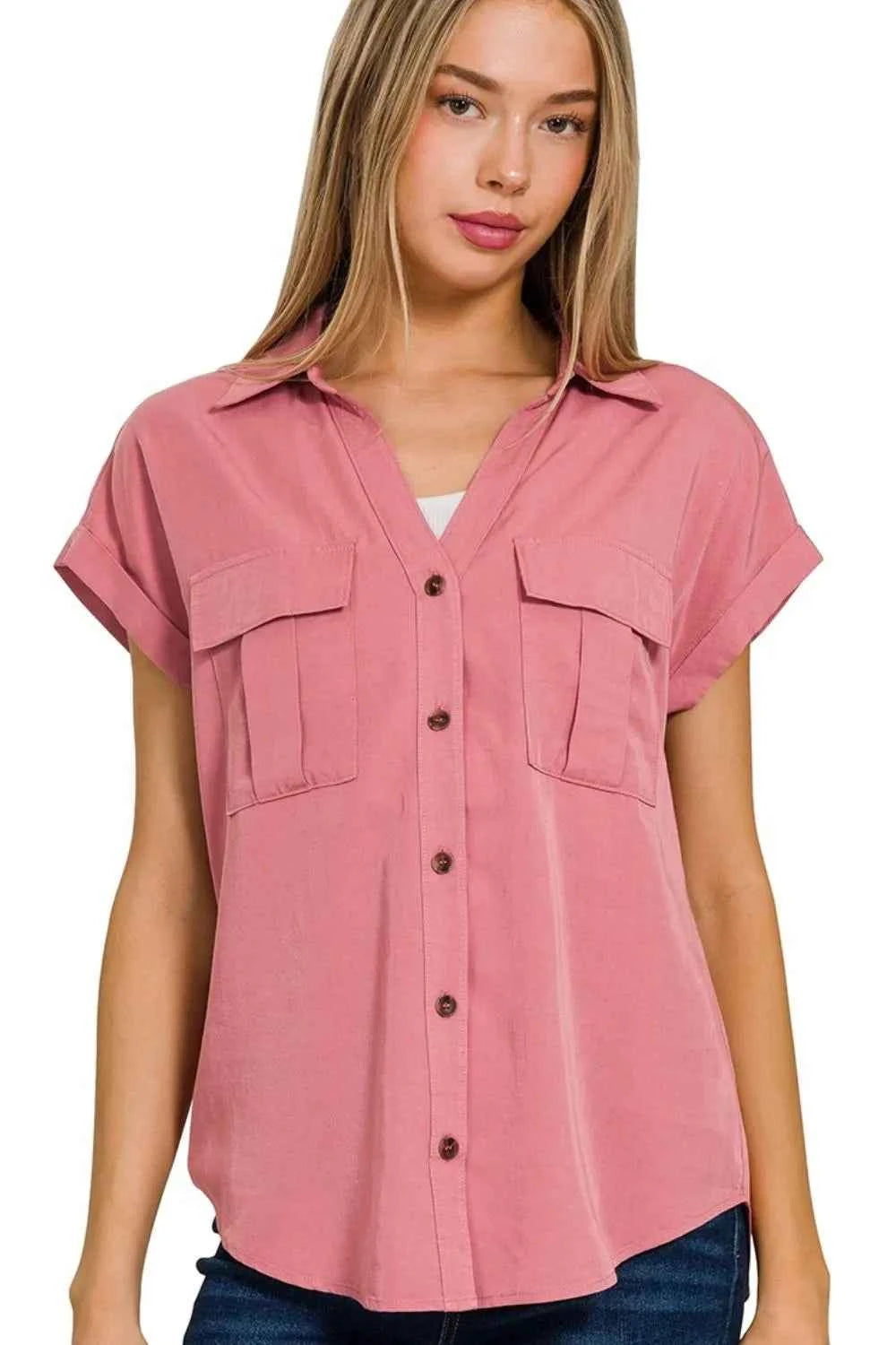Tencel V-neck Collared Top W Front Flap Pockets DUSTY ROSE d06cc4cb-3180-48d5-9540-dcfb2ee64fd9-Max-Origin