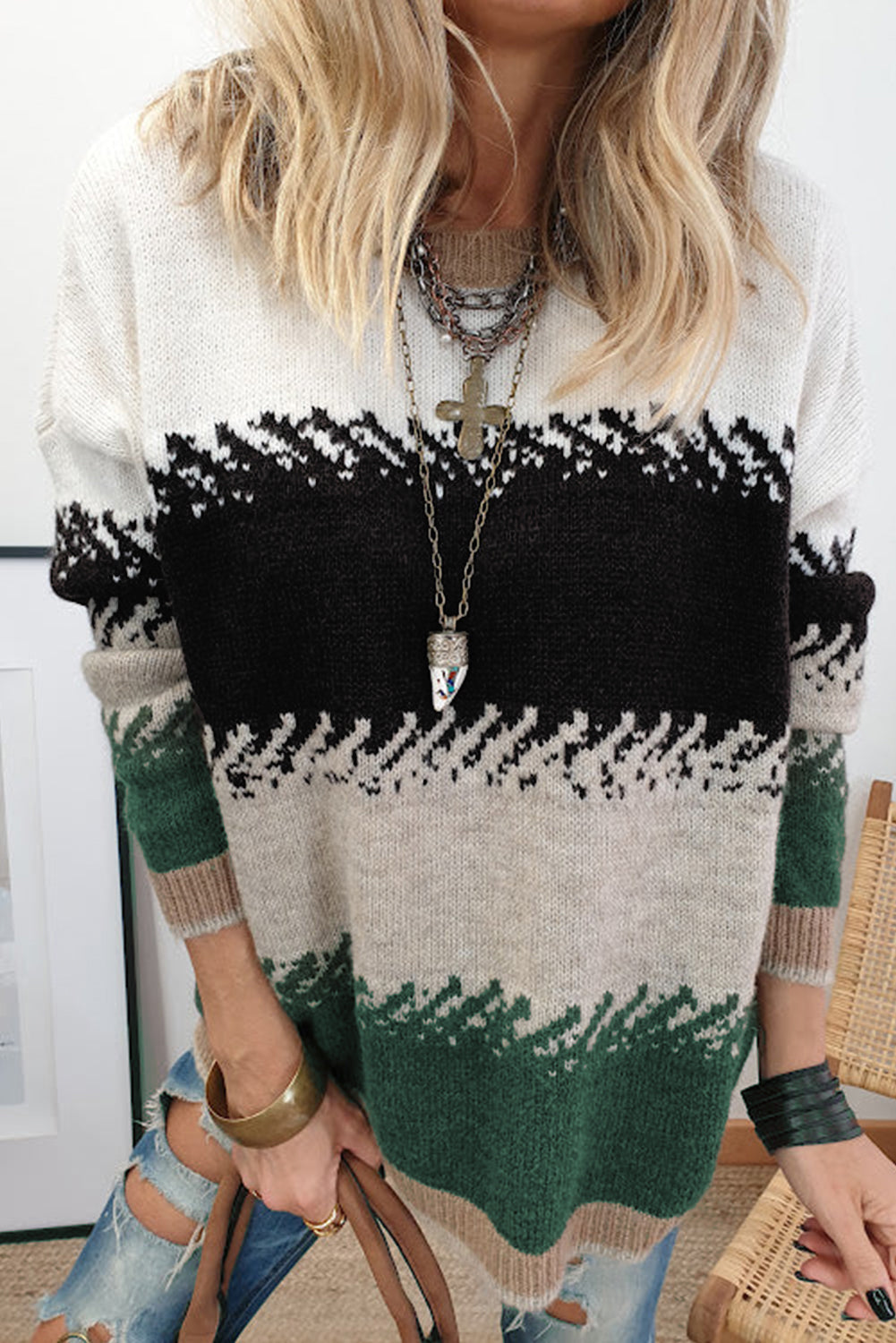Black Stylish Color Block Pattern Drop Shoulder Sweater d06e6b7ae8e7a4ed