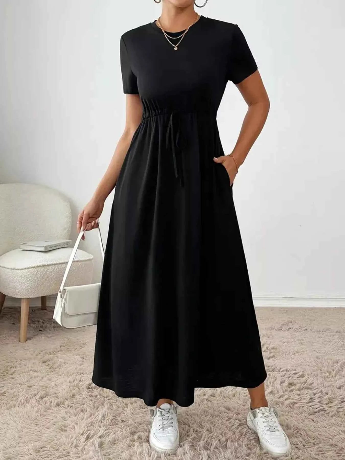 Casual Drawstring Waist Short Sleeve Tee Dress d06ee8419d3f46e3b606be746f80b983-Max-Origin