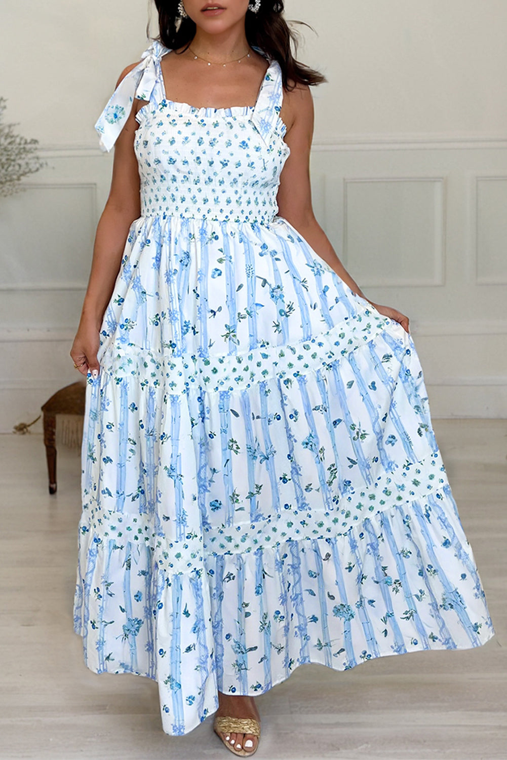 Sky Blue Floral Smocked A-Line Tie Straps Maxi Dress Sky Blue d073105888af3069