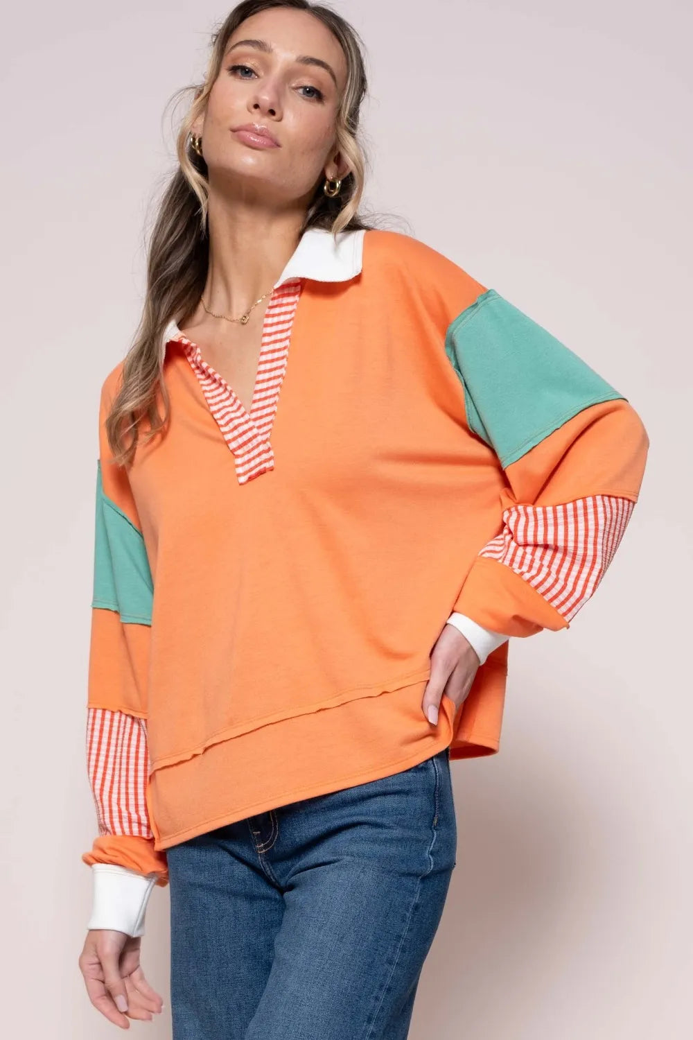 Hailey & Co Color Block Top with Striped Panel Coral d0765d03-459f-4685-85e3-55b53a082ddf-Max