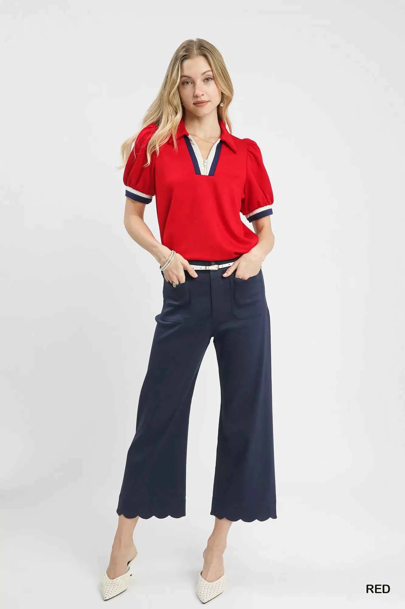 Umgee Puff Sleeve Zip Front Top with Contrast Striped Trim d0784e60-5799-4ef4-9a7f-2b61f6d1571c-Max-Origin