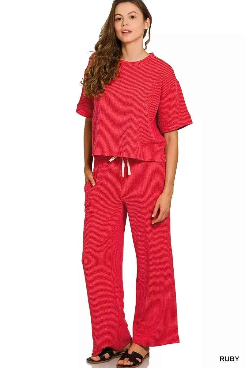 Zenana Raised Rib Short Sleeve Tee & Pants Set RUBY d07c581aa6ba47f690b7c62473fabc22-Max-Origin