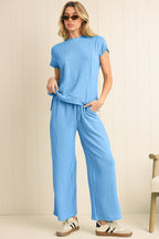Wild Wind Solid Corded Short Sleeve T Shirt and Wide Leg Pants Set d081e957b79b7c2a