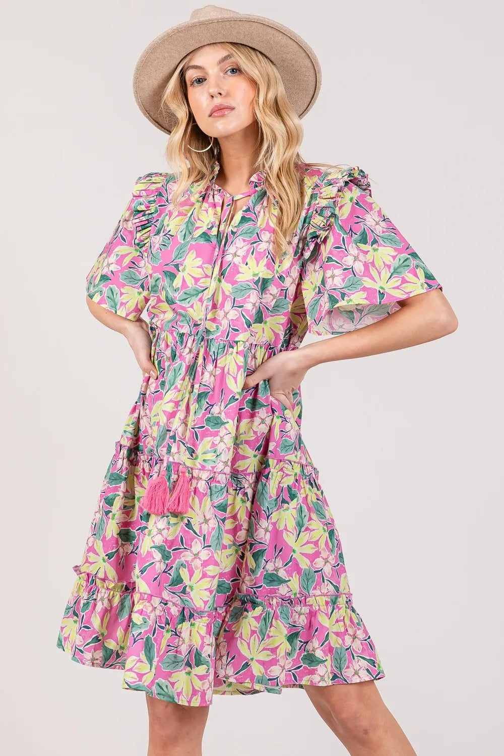 SAGE + FIG Floral Ruffle Short Sleeve Dress d083eecf-da91-4b7d-beff-65d73bed2084-Max