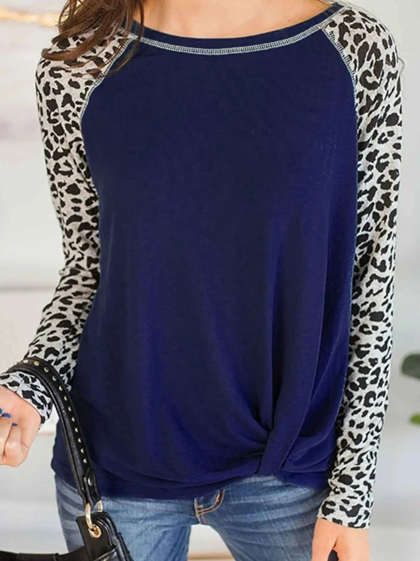 Leopard Print Raglan Sleeve Twist Hem T-Shirt