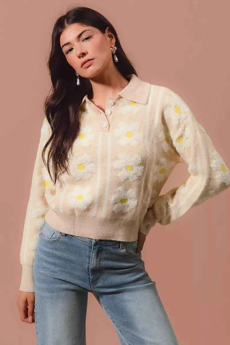 SO ME Floral Stripe Polo Collar Sweater OATMEAL IVORY d08c19aa-00cc-4b1f-b591-dd9c7960aafa-Max-Origin