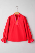 Fiery Red Striped Trim Ruffle Split Neck Long Sleeve Blouse d08df0d78cda6f7c