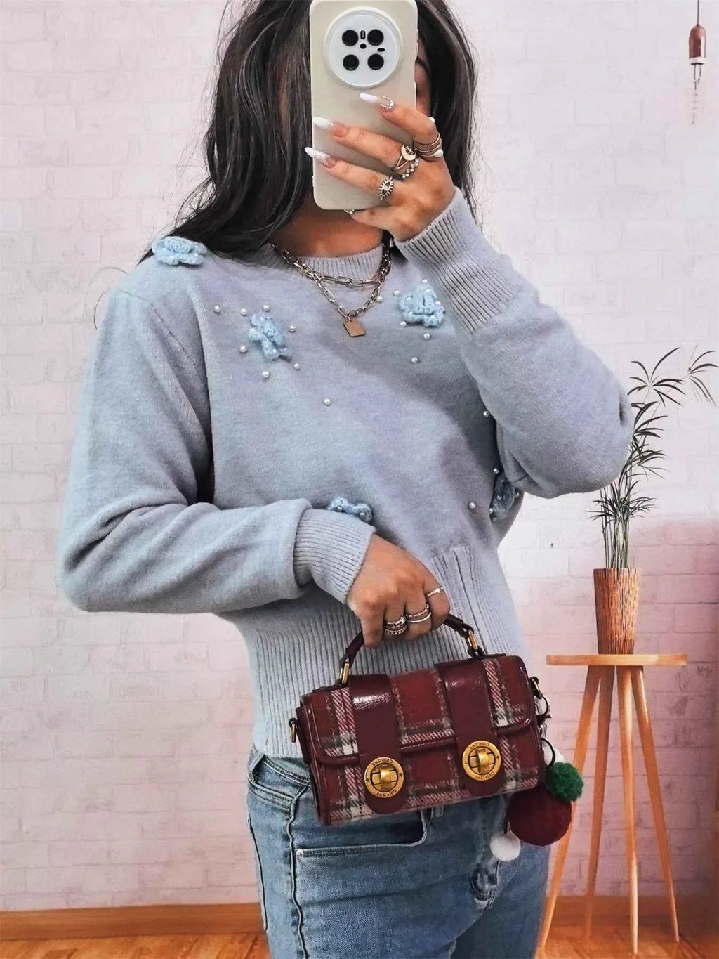 Flower Pearl Detail Ribbed Hem Sweater d0939d48e1c6435eb2011dec1c1cd5f2-Max-Origin