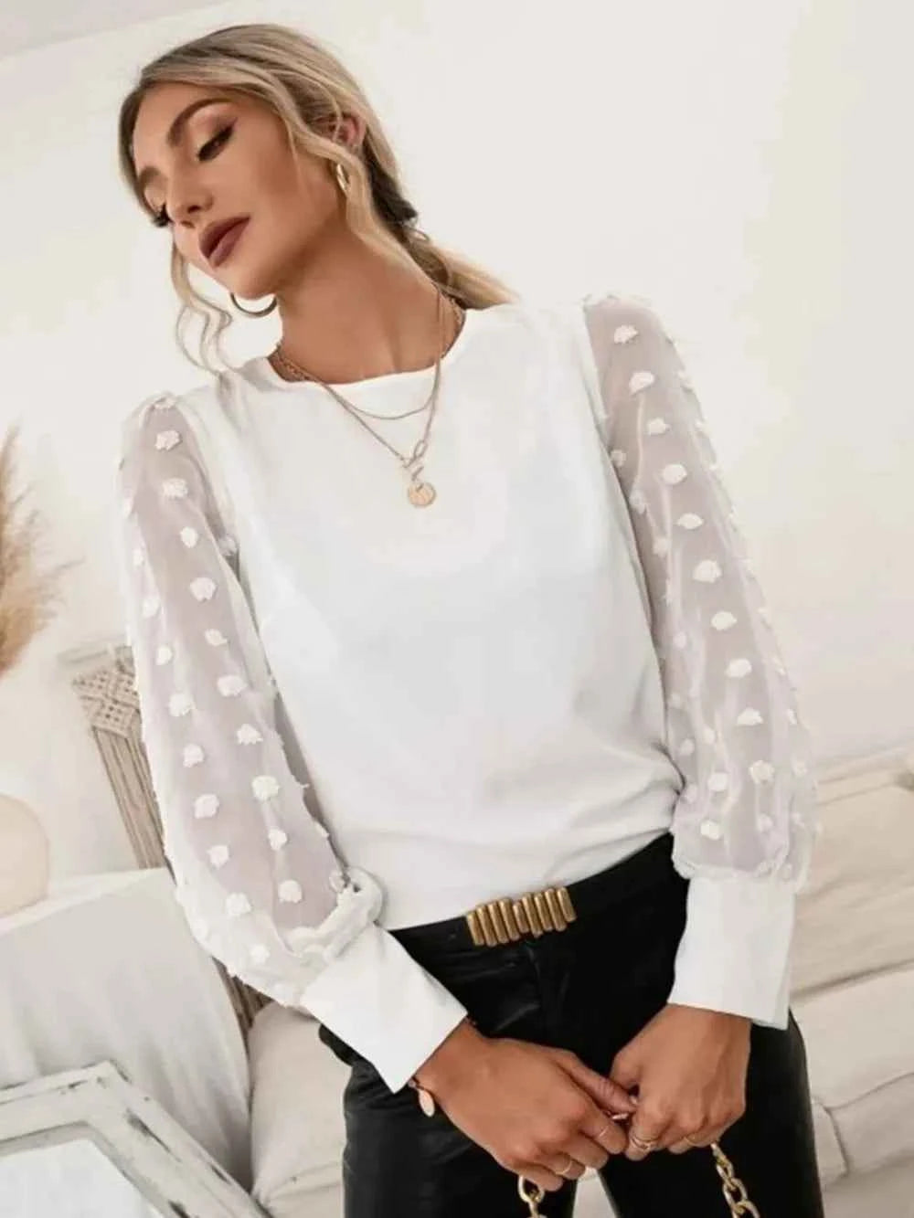 Swiss Dot Round Neck Long Sleeve Blouse d0999f22-55fb-4fc0-9750-75240a24aea2-Max
