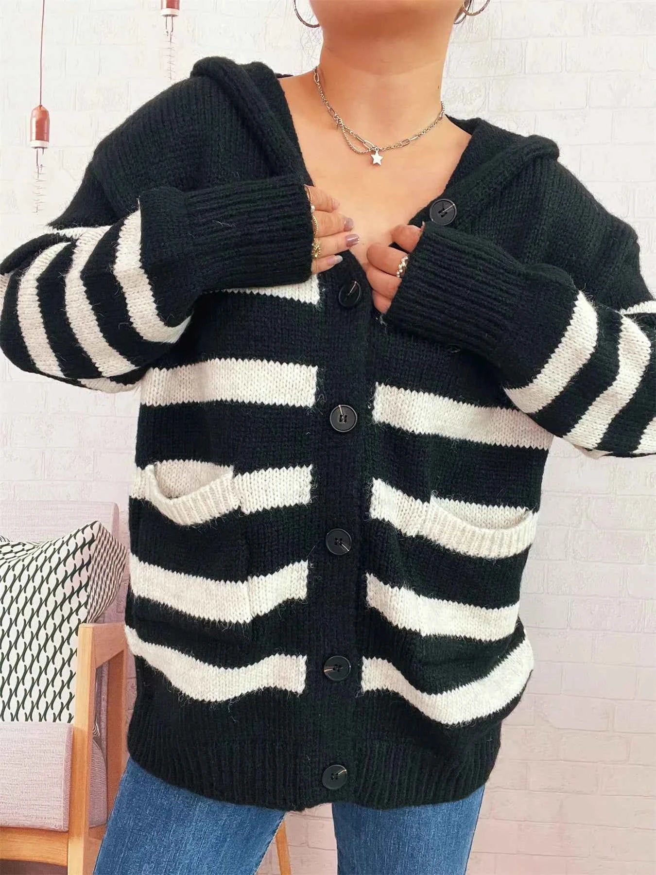 Striped Button-Up Hooded Cardigan Black One Size d099f72c627c478f863c0bd5c56eda35-Max-Origin