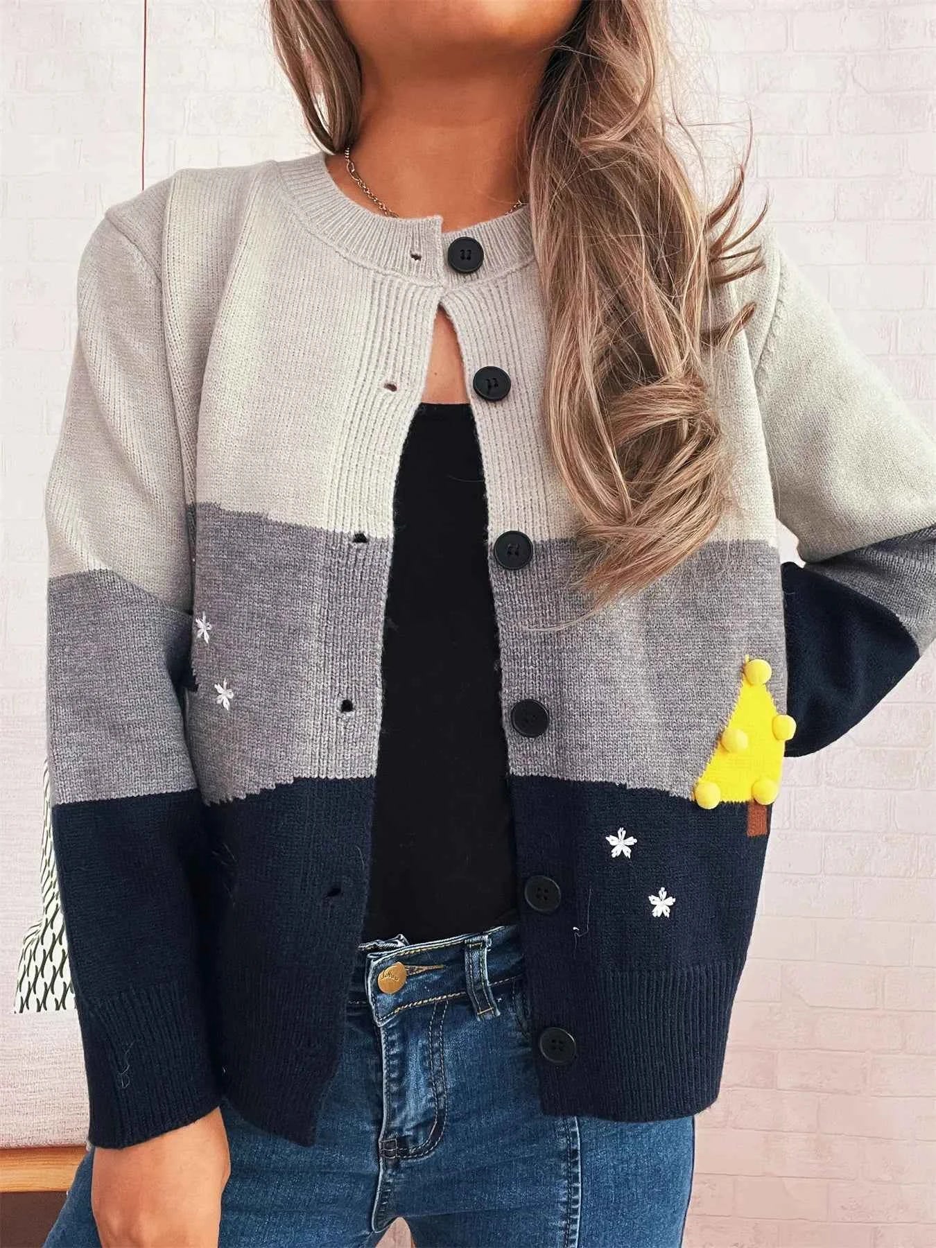 Color Block Button-Up Cardigan Gray One Size d09cb615bc4745dd87d385c3b4a234b8-Max-Origin