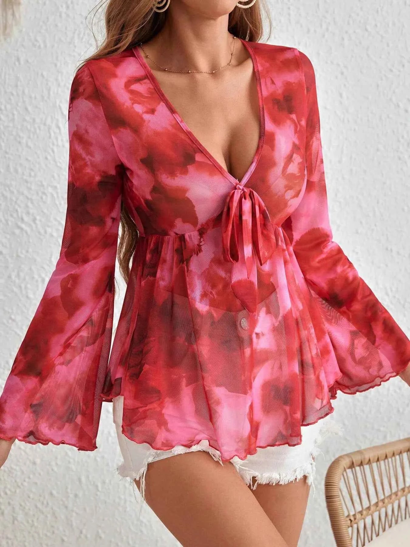 Tie-Front Flare Sleeve Blouse Strawberry d0a65c41ddab474388c75226e8f4ae32-Max-Origin