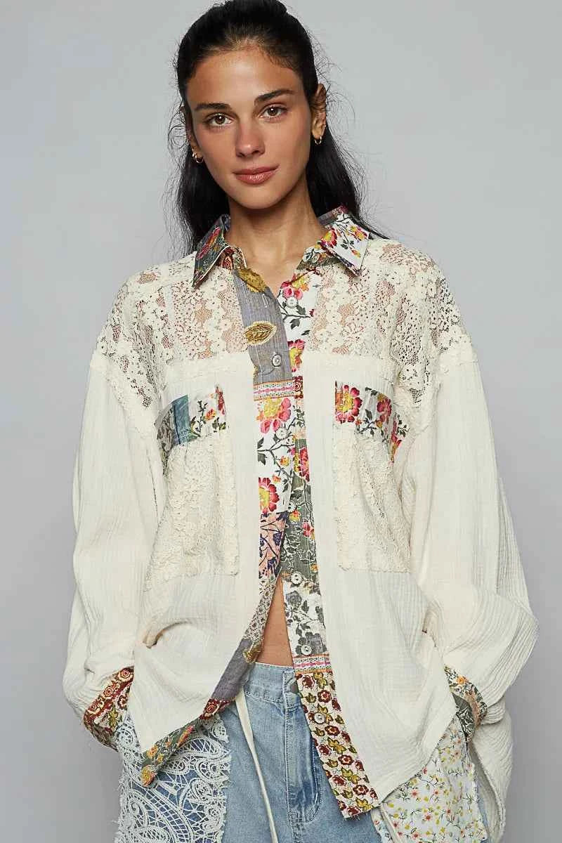 Lace Patchwork Floral Trim Long Sleeve Shirt Ivory d0a92edf-2536-48e0-9c0f-03ef58d4d8bd-Max-Origin