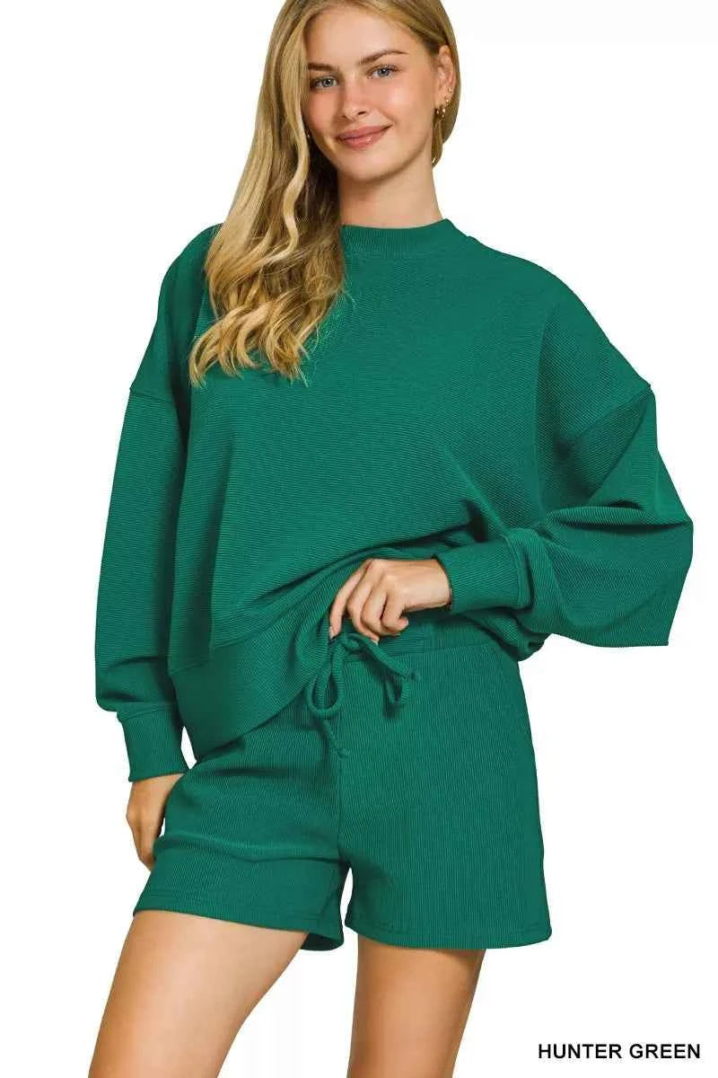Zenana Ribbed Round Neck Pullover and Shorts Set HUNTER GREEN d0aa93e20c014c83930d542eb1c262bf-Max-Origin