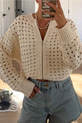 Beige Hollowed Pattern Knit Zip Up Drop Shoulder Cardigan Beige 100%Acrylic d0ac708dfae5cf6e