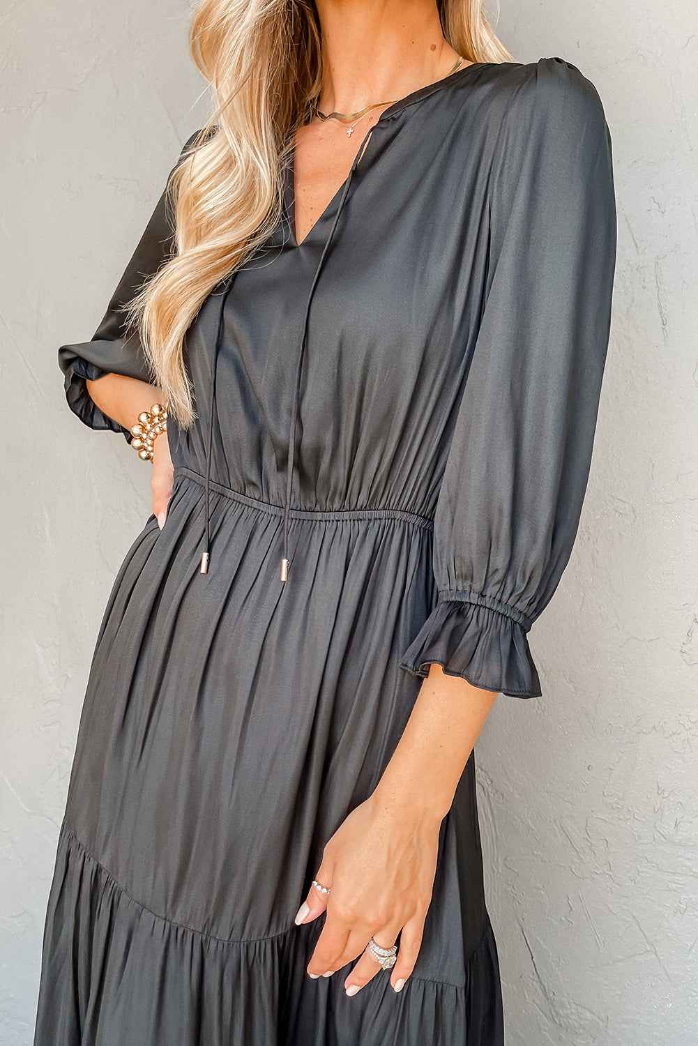 Black Flounced Bracelet Sleeve V Neck Tiered Maxi Dress d0ae25d22c4b2b46