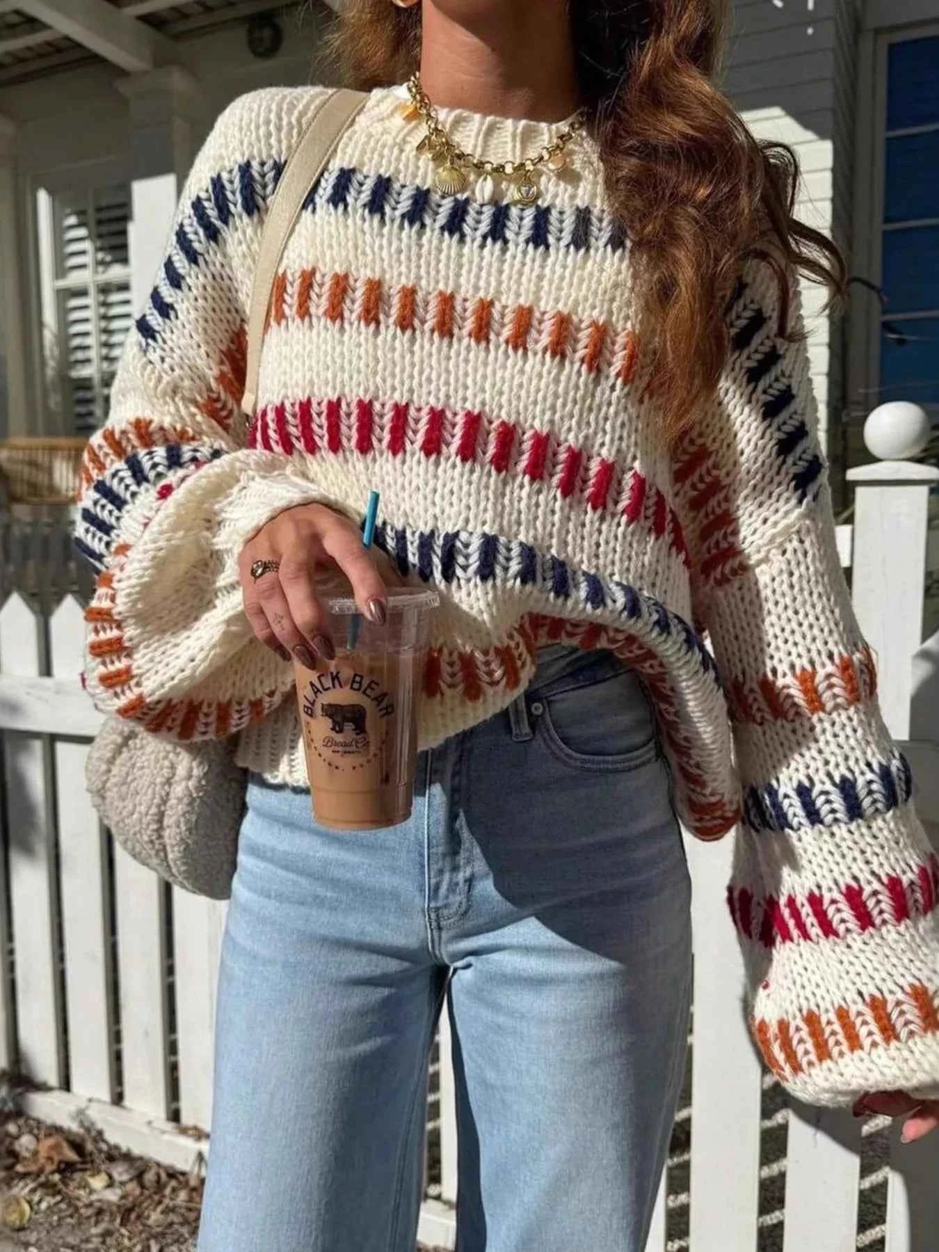 Striped Round Neck Long Sleeve Sweater d0aea6ffc2534202a247b2526cc2f02d-Max-Origin
