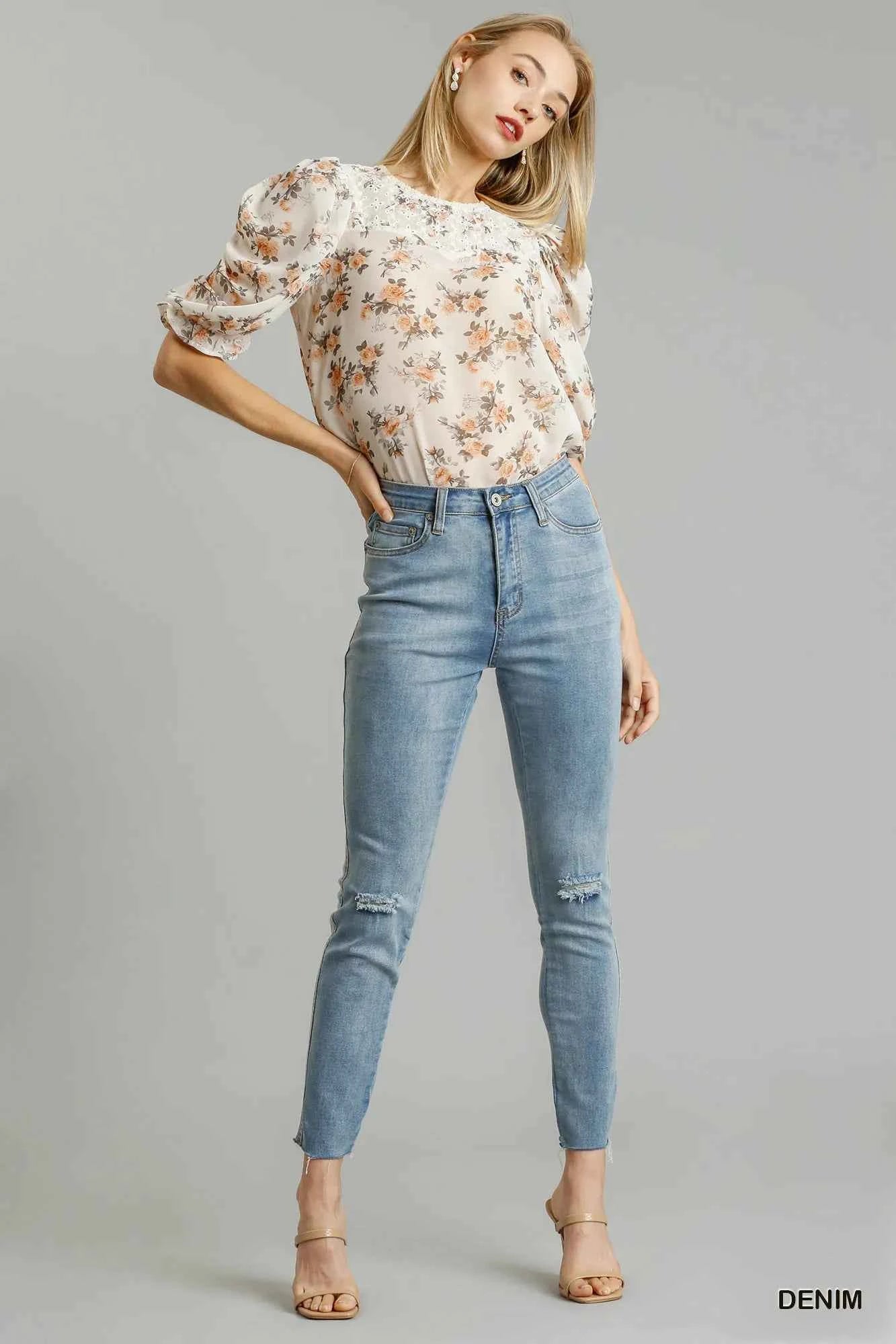 Umgee 5-Pockets Distressed Detail Stretch Denim Skinny Jeans with Unfinished Hem DENIM d0aec85f-9b1b-4f68-b09e-5fc4ddb4ccec-Max-Origin