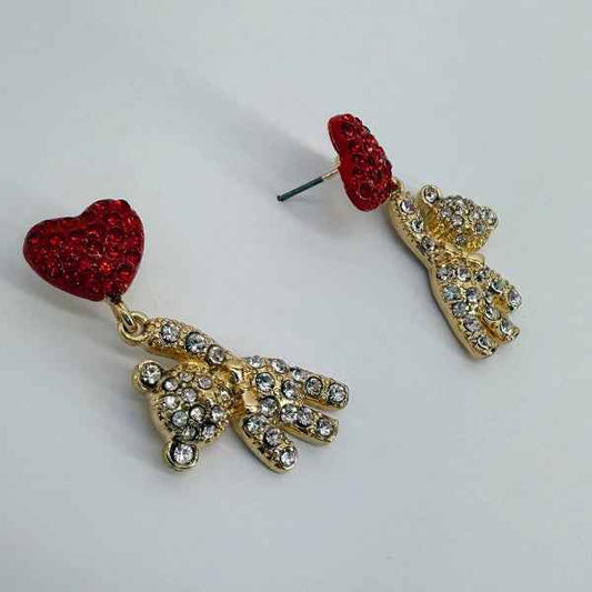 Red Heart Shape Post Back Earring With Teddy Bear Gold One Size d0b49e07-1756-41e4-8fa4-b1f5f670b7b6