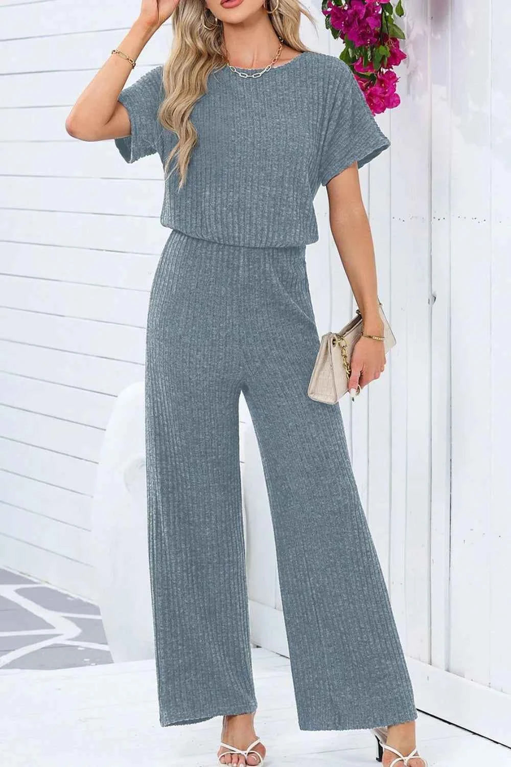 Ribbed Short Sleeve Wide Leg Jumpsuit Dusty Blue d0bd3f75-bda3-4685-adb4-681815fc4e13-Max-Origin