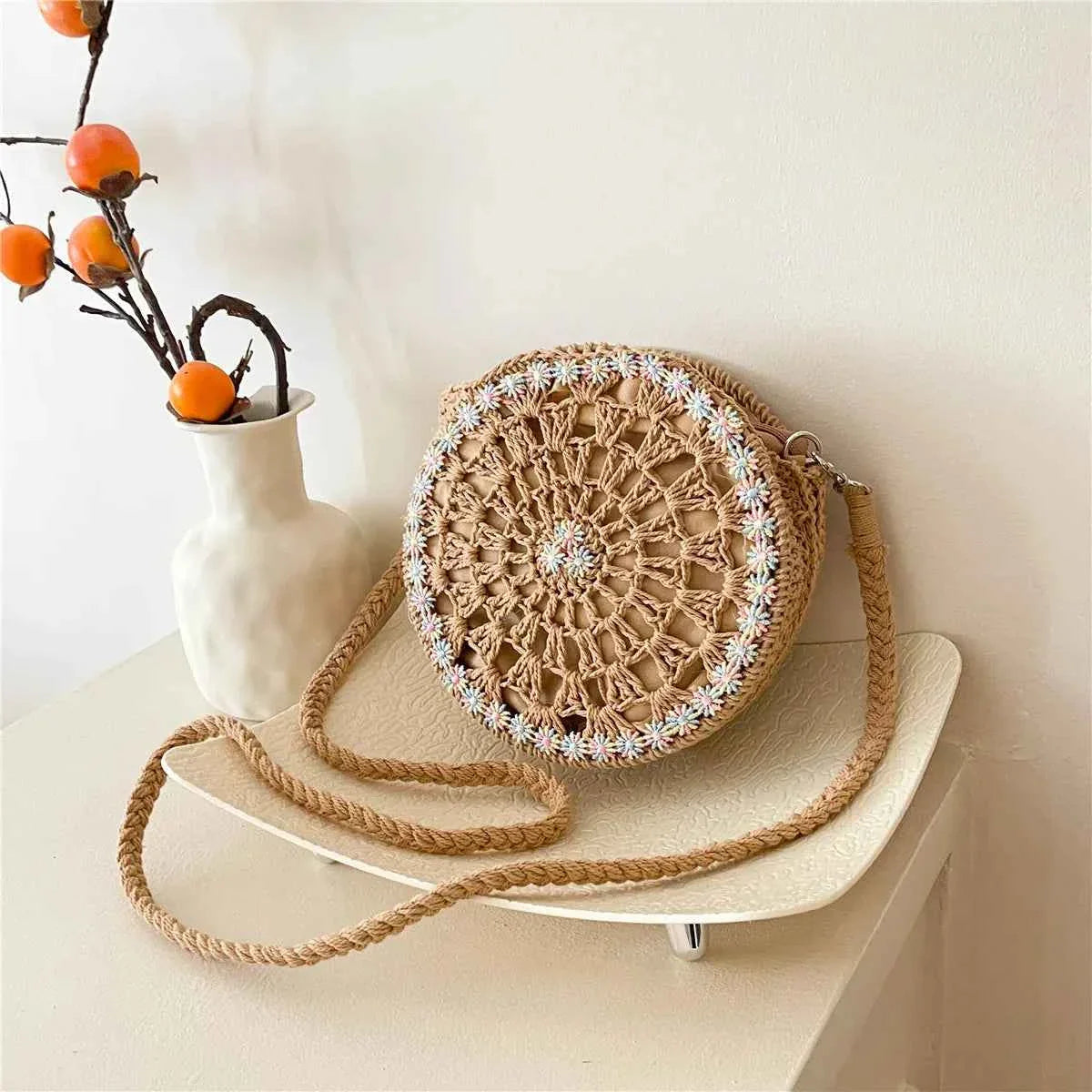 Handmade Round Crochet Straw Handbag Khaki onesize d0bdbc70262041ee921d606563e91ef8-Max-Origin