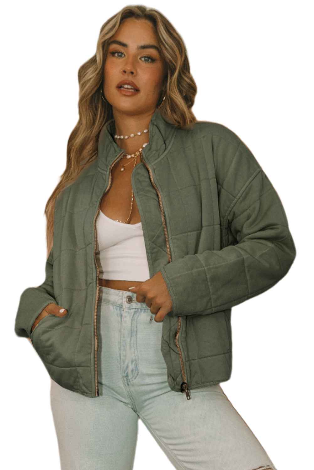 Green Zip Up Pocket Quilted Cropped Jacket d0be4f5efdf91170