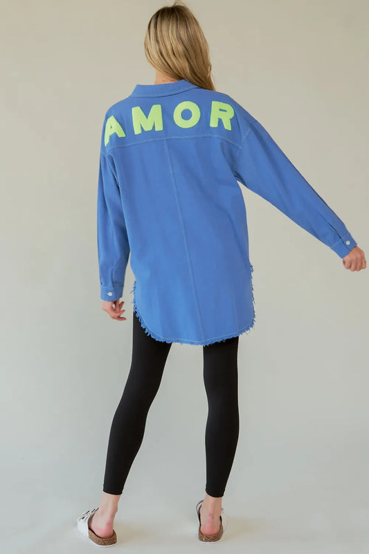 Davi & Dani Letter Back Raw Hem Half Button Shirt Blue d0d04ad9-b8d9-433f-b796-c9977b362c8c-Max