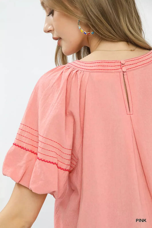 Round Neck Puff Sleeve Top with Contrast Stitch Detail d0e62c8d-acc8-46d1-b0e1-15e23065b190-Max-Origin