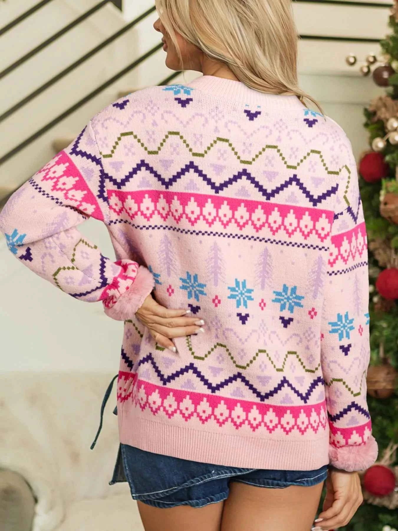 Multicolour Ethnic Christmas Pattern Knit Feather Cuffed Sweater d0e8c8a5-5358-40d6-8845-b03c23b07b6e-Max-Origin