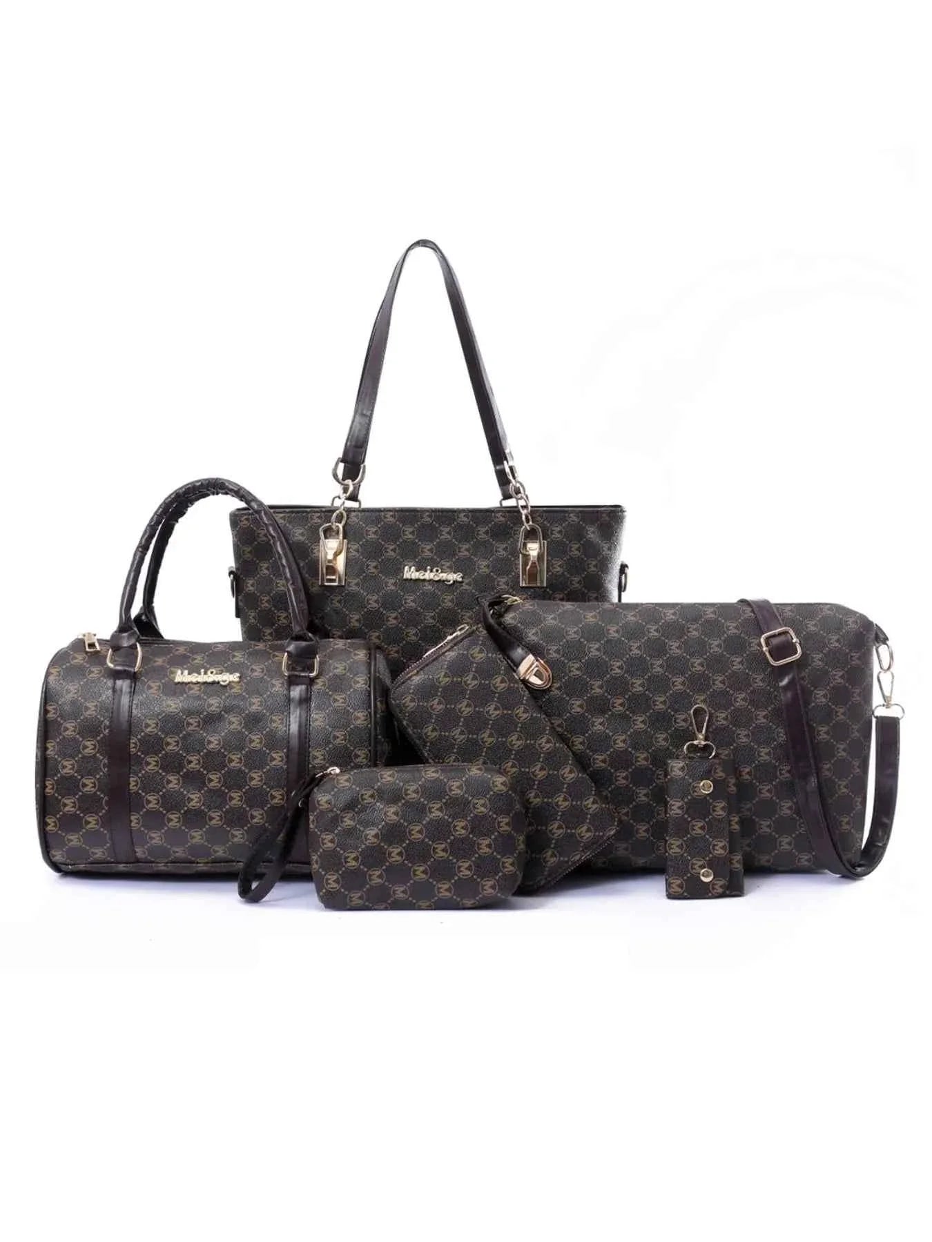 Diamond Pattern 6-Piece Bag Set Dark Brown onesize d0ec345b-c4ad-42a1-acfc-ff89a4ccb303-Max-Origin