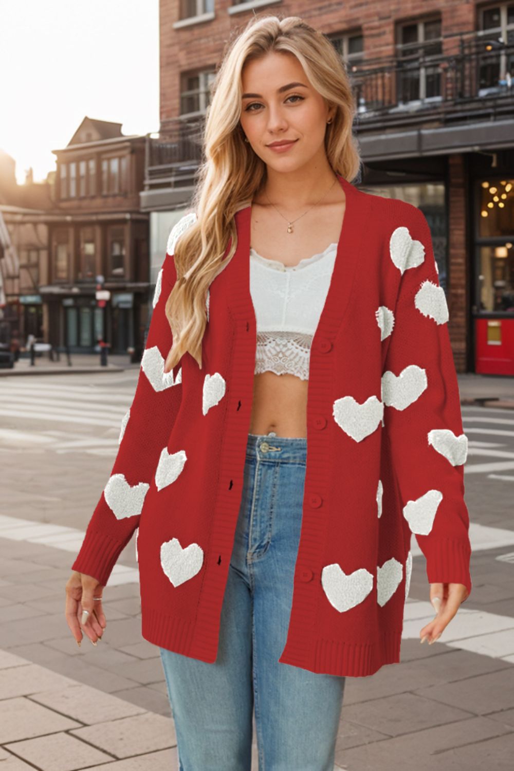 Heart Button Down Long Sleeve Cardigan