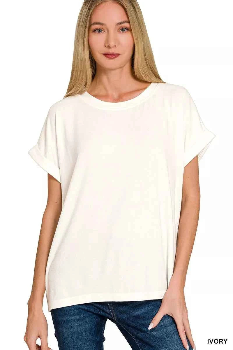 Zenana Soft Melange Hacci Short Sleeve Round Neck Top IVORY d0f0f0bba89c404b96290231325e2bf9-Max-Origin