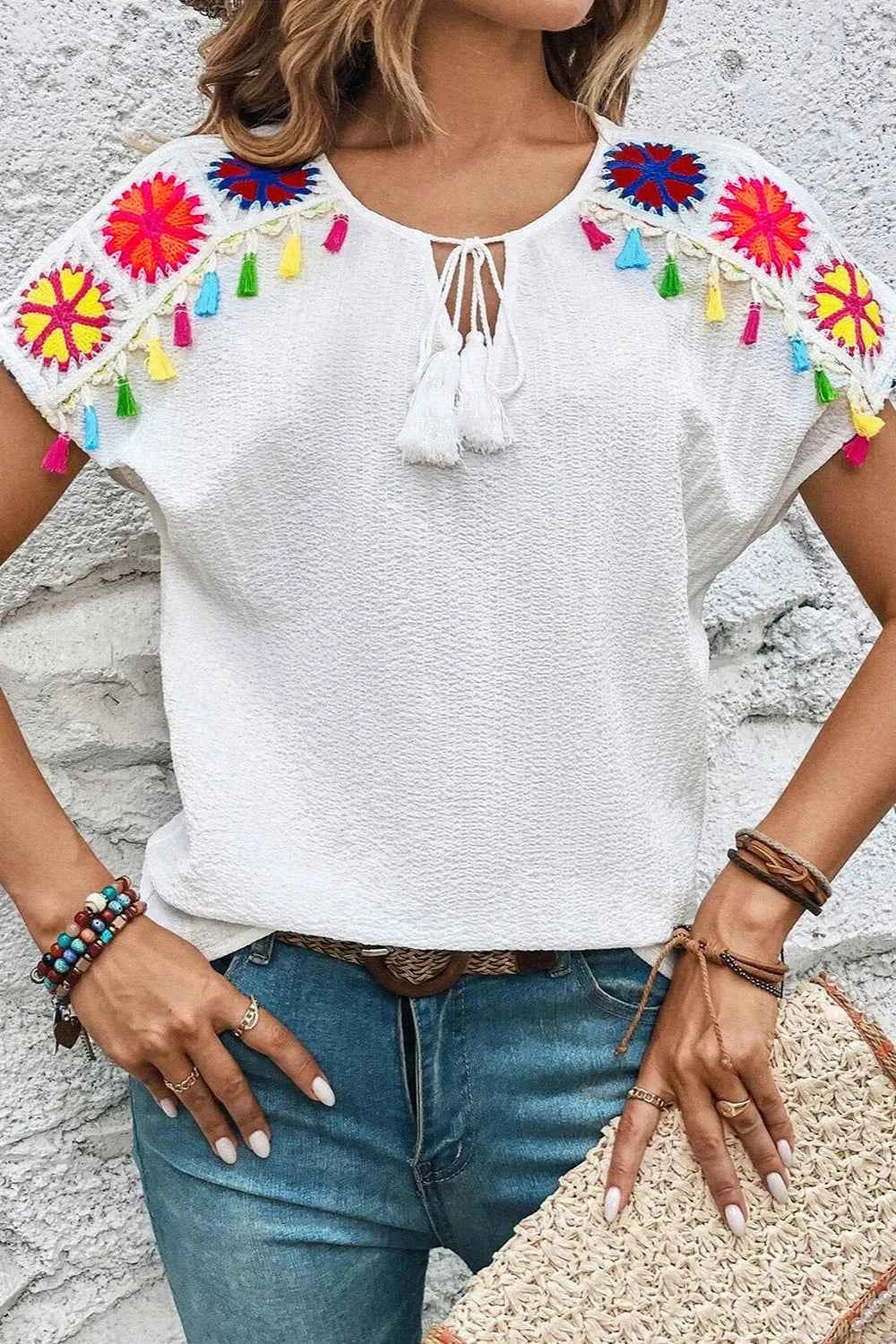 Tassel Tie Neck Short Sleeve Blouse White d0f479c3-cd4d-413f-b240-03143fcf2b6a-Max