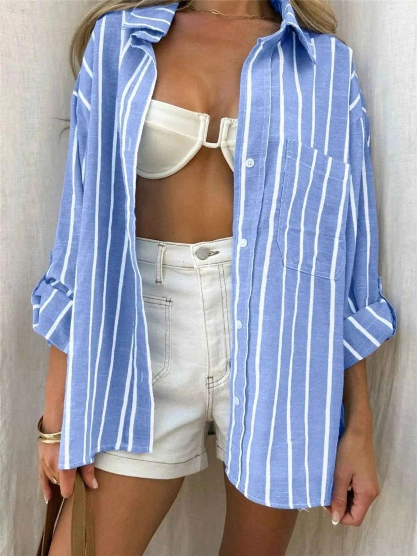 Striped Button-Up Shirt with Chest Pocket
