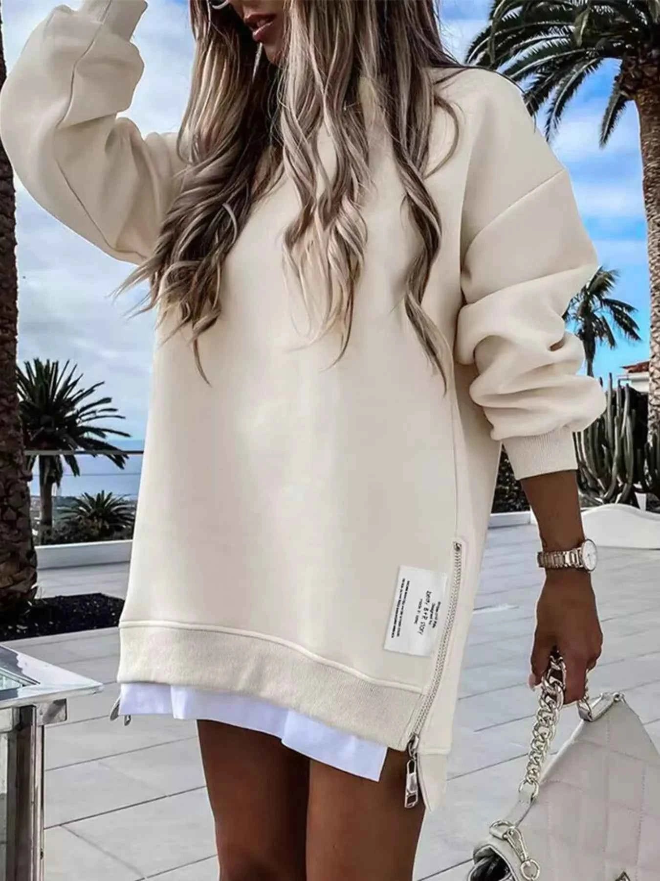 Side Slit Round Neck Long Sleeve Sweatshirt