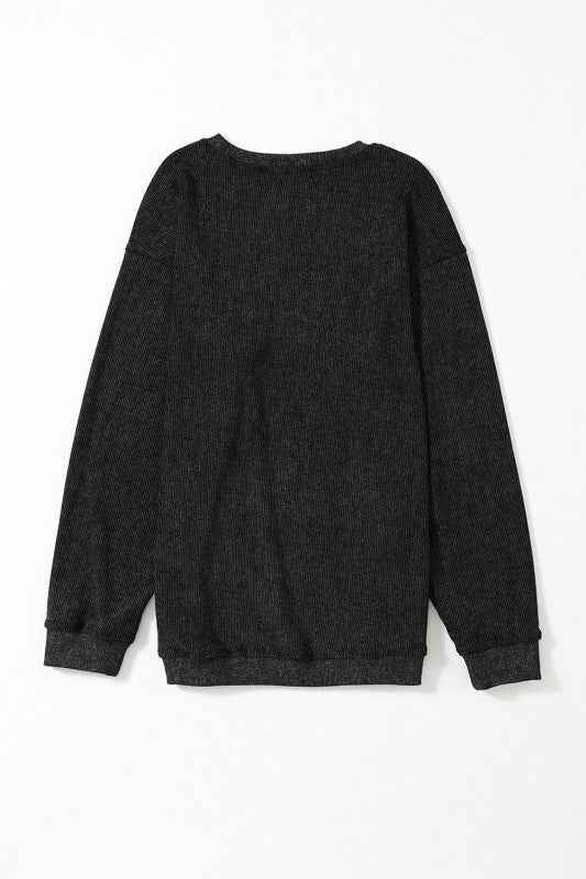 Solid Ribbed Knit Round Neck Pullover Sweatshirt d0f7dfc9-cf1c-4b46-8894-1639e7b91100