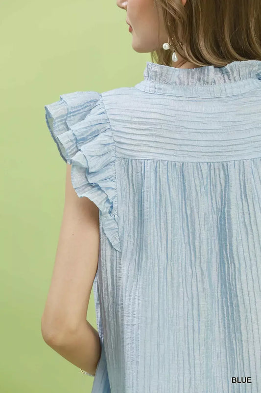 Textured Ruffle Sleeve Split V Neck Top d0fb4fa7-4d16-40d0-b22a-4f21026abbe7-Max-Origin