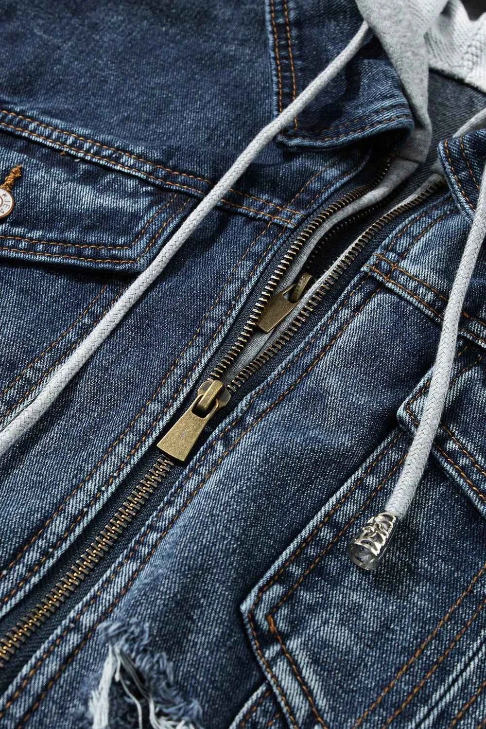 Fake Two-Piece Hooded Zip-Up Denim Jacket d0fc7383b1224f46b469fb588df844a7-Max