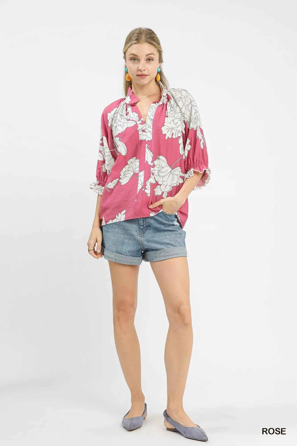 Umgee Peony Illustration Print Flounce Sleeve Blouse